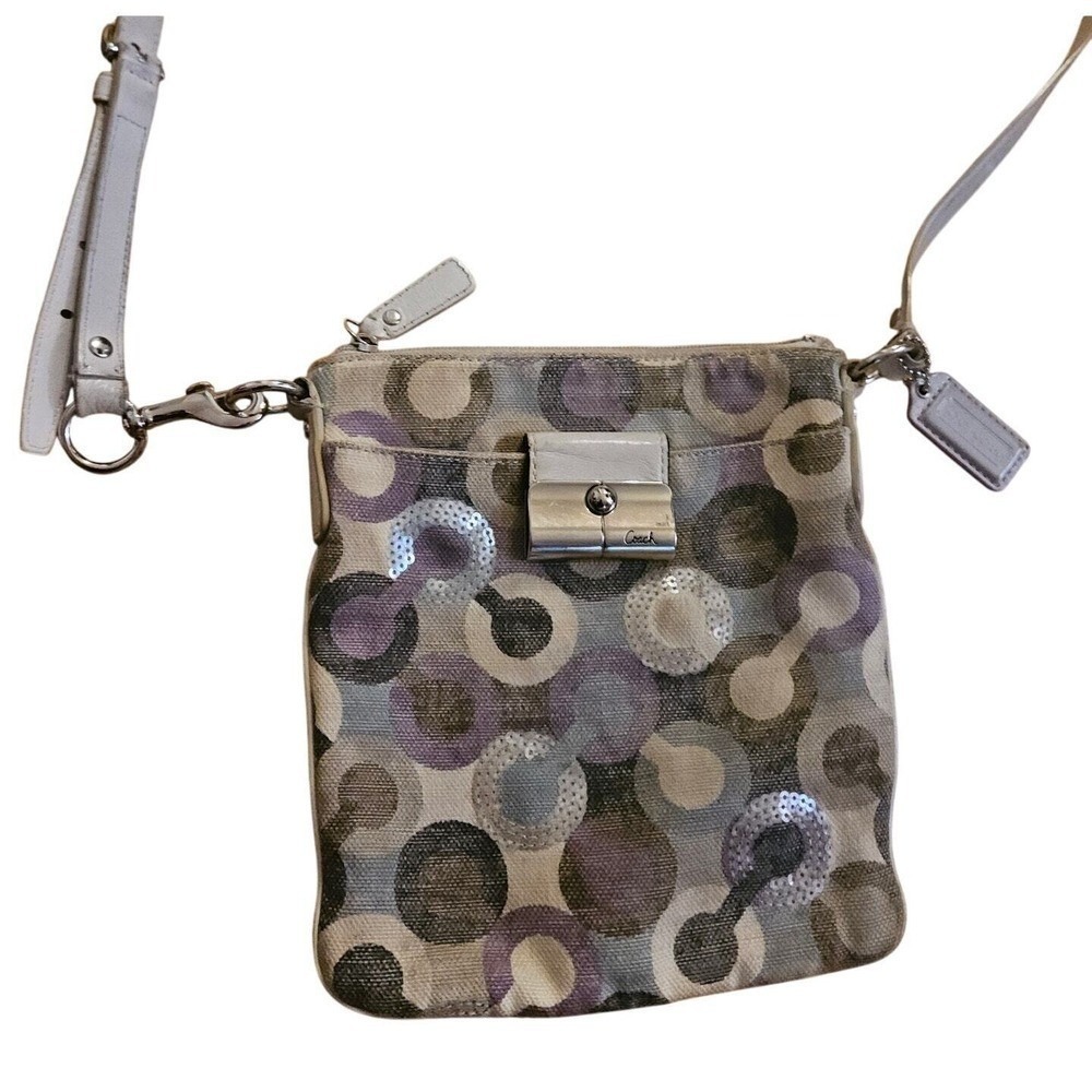 Coach‎ Poppy Multi Color Signature C Sequin Crossbody Bag White Leather Trim